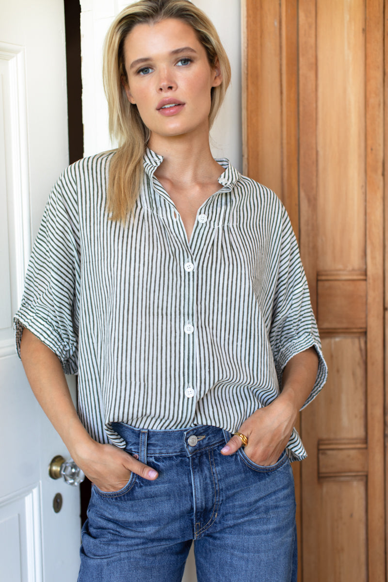 Mandarin Collar Top - Moss Stripe Organic