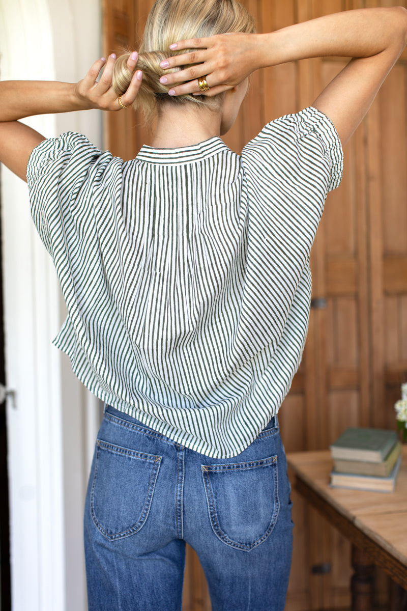 Mandarin Collar Top - Moss Stripe Organic