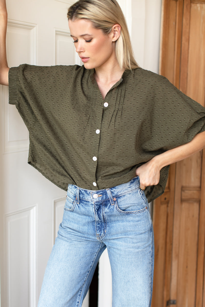 Mandarin Collar Top - Moss Swiss Dot Organic