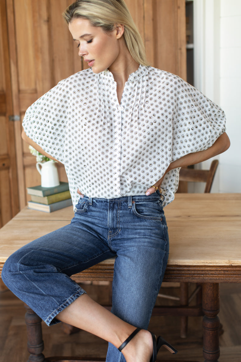 Mandarin Collar Top - Signet Olive Organic