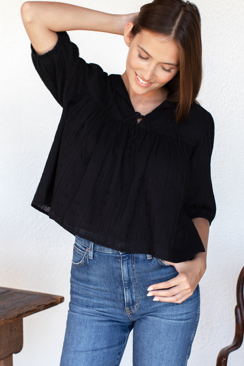 Puff Isla Top - Black Beauty Cotton Dobby Jacquard