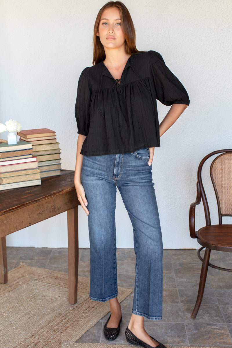 Puff Isla Top - Black Beauty Cotton Dobby Jacquard