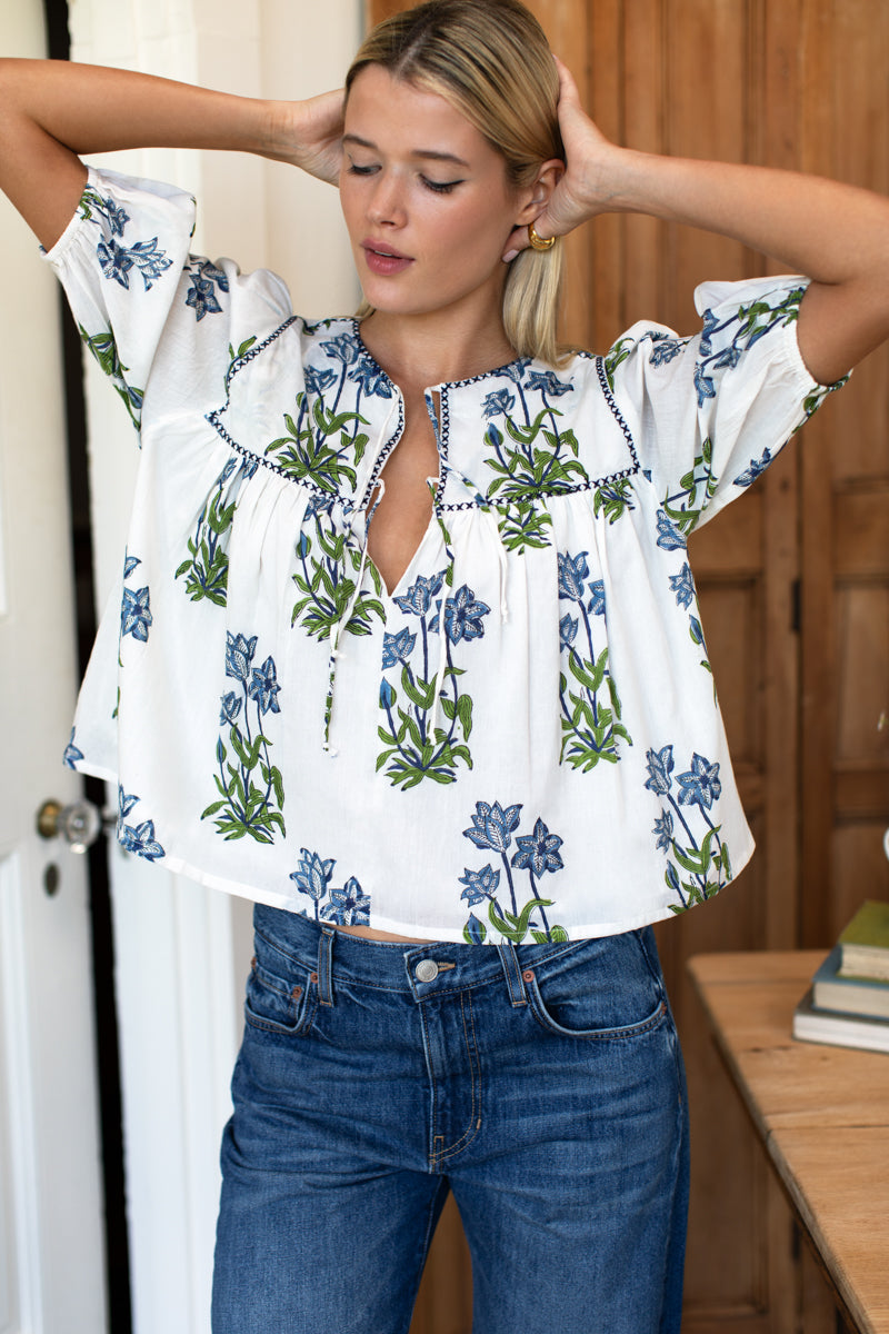Puff Isla Top - Blue Clematis Flowers + Midnight Embroidery Organic