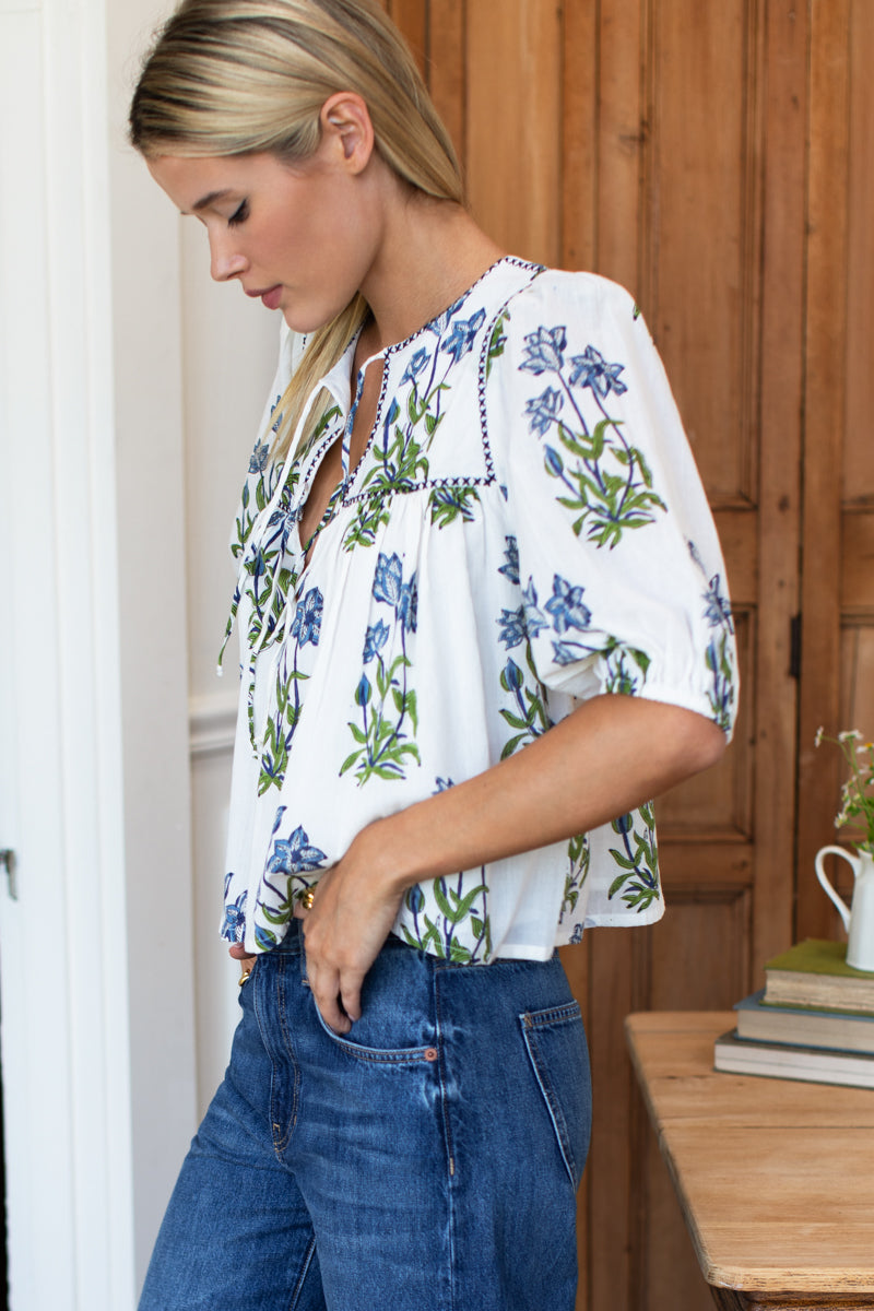 Puff Isla Top - Blue Clematis Flowers + Midnight Embroidery Organic