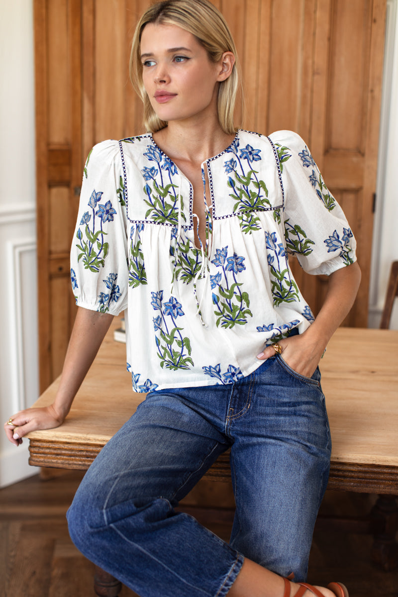 Puff Isla Top - Blue Clematis Flowers + Midnight Embroidery Organic