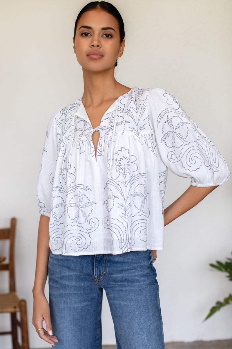 Puff Isla Top - Maeve Outline Indigo Linen