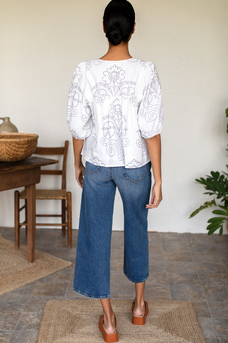 Puff Isla Top - Maeve Outline Indigo Linen
