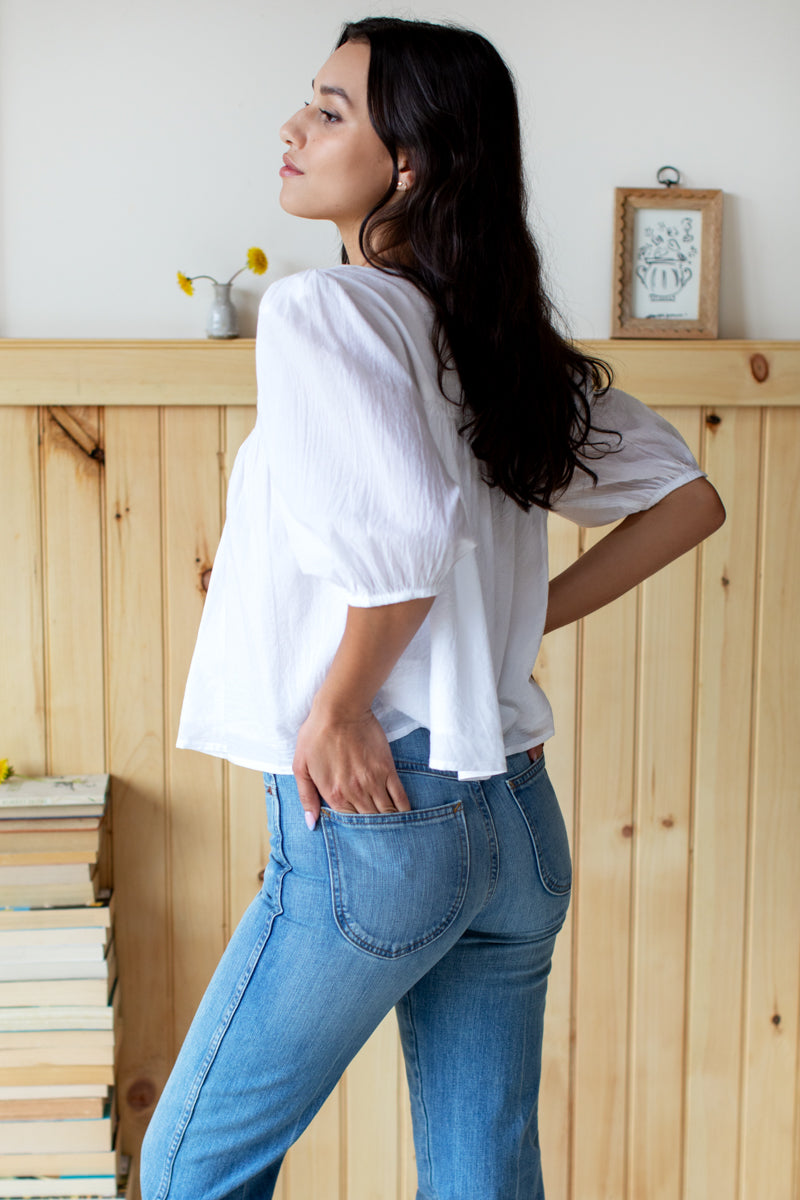 Embroidered Puff Isla Top - Cloud White Organic