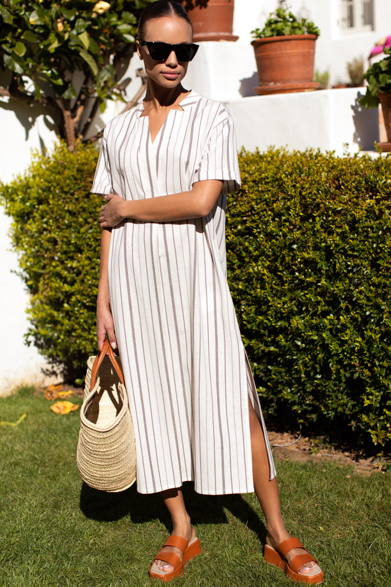 Rolled Sleeve V Caftan - Seville Stripe Walnut