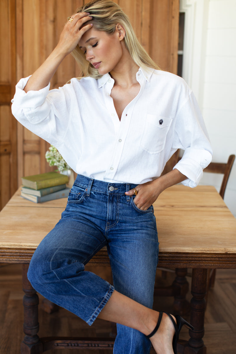 Ryan Shirt - White Linen Shell Embroidery