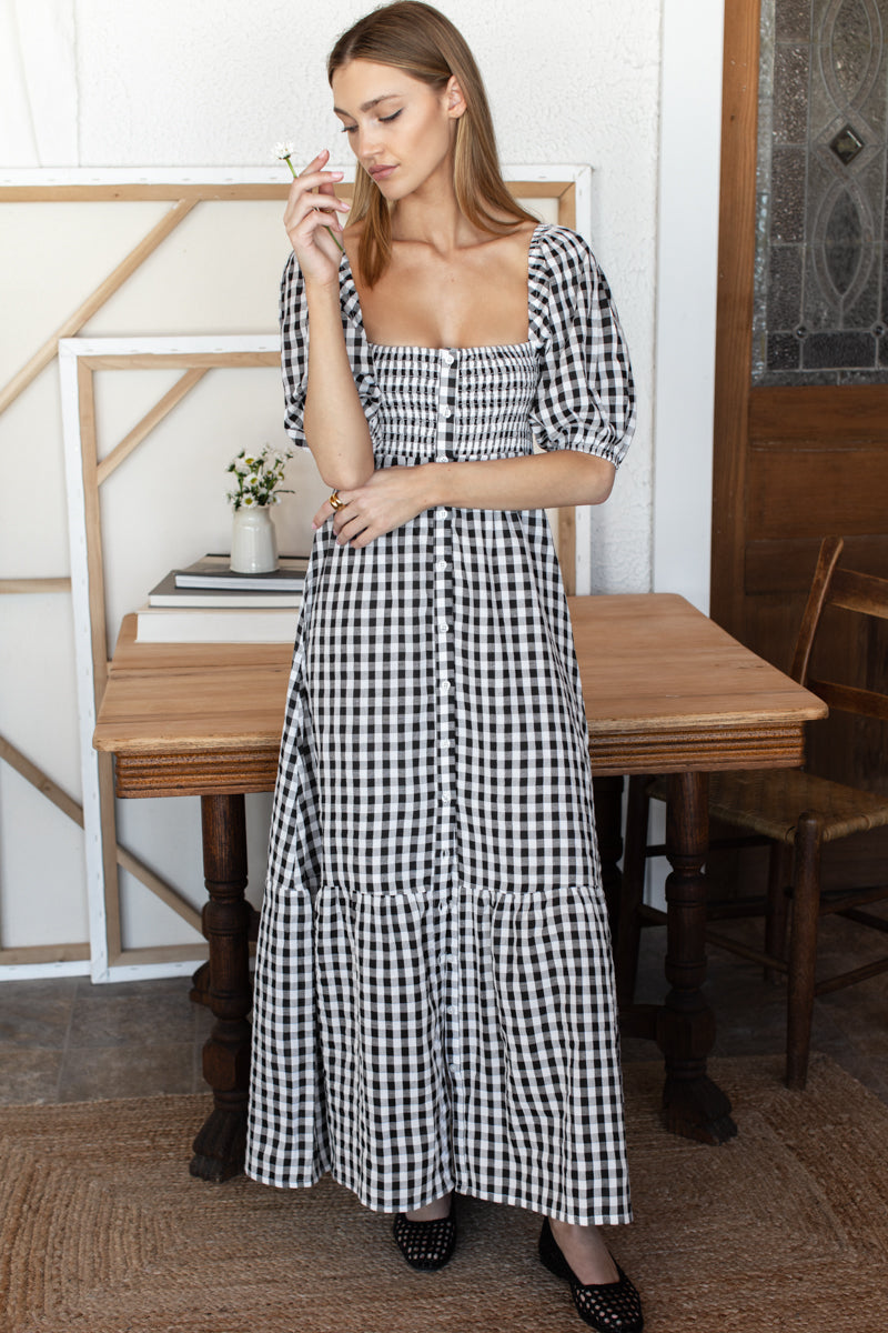 Santiago 3 Maxi Dress - Black + White Check