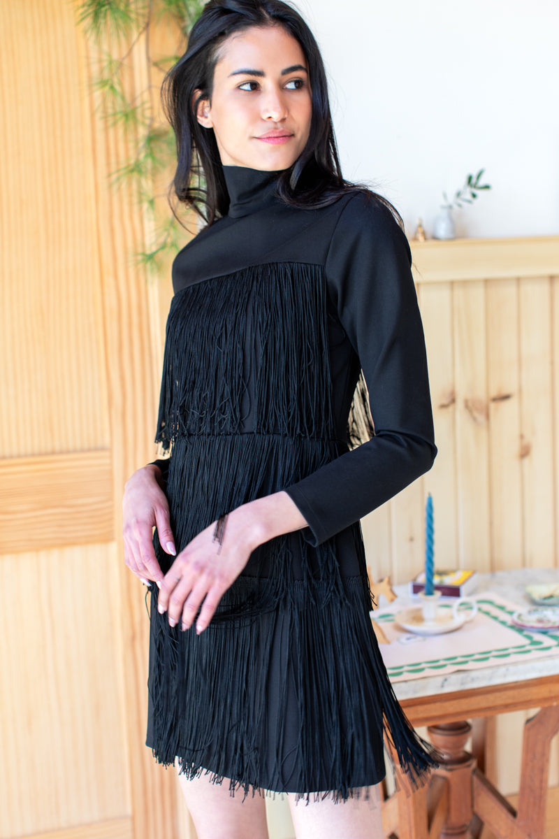 Short Fringe Dress - Black Ponte
