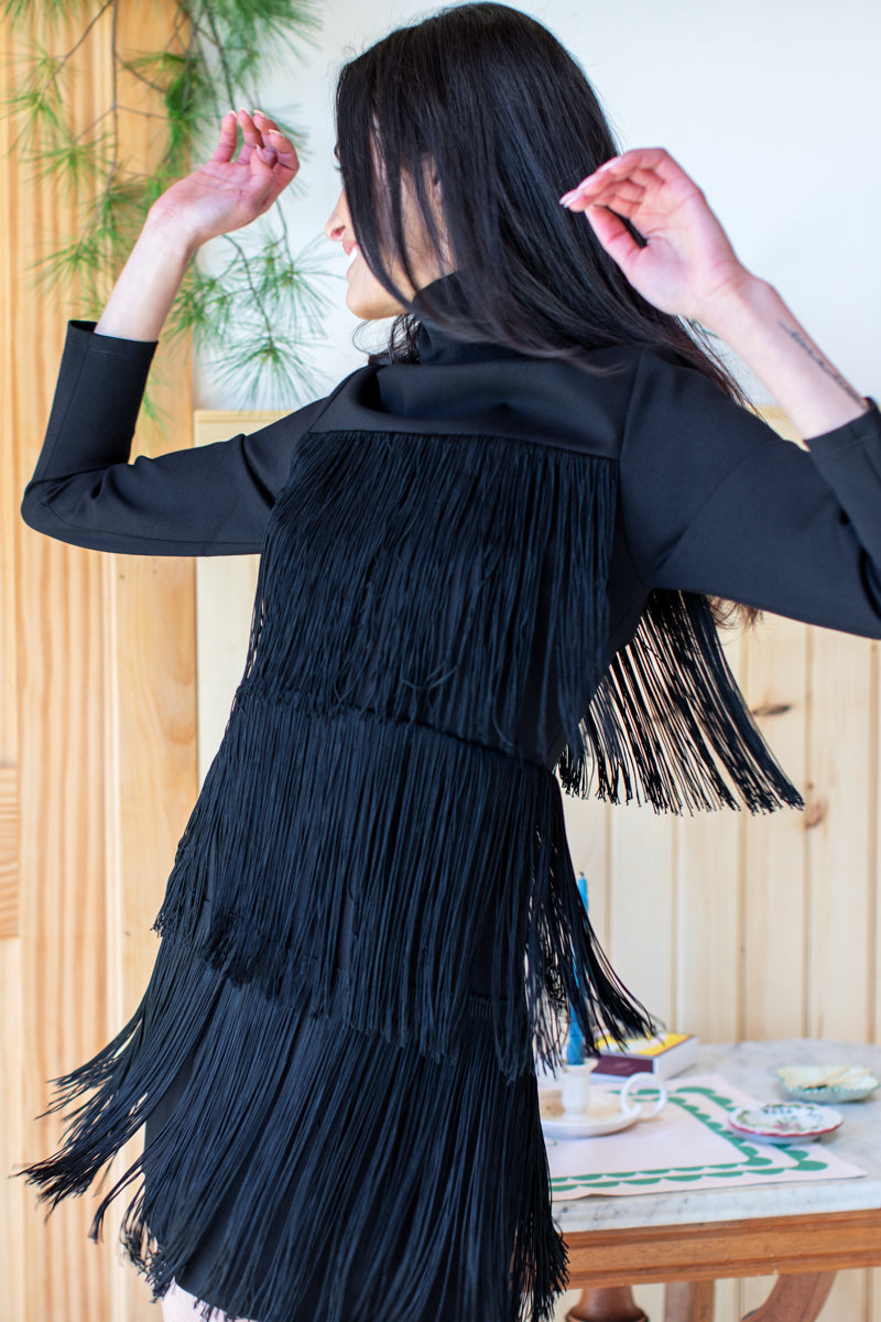 Short Fringe Dress - Black Ponte