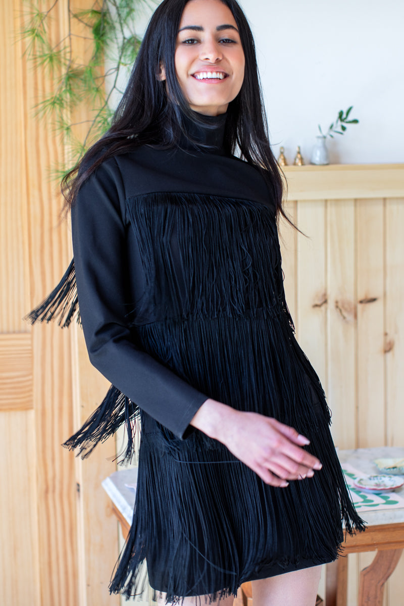 Short Fringe Dress - Black Ponte