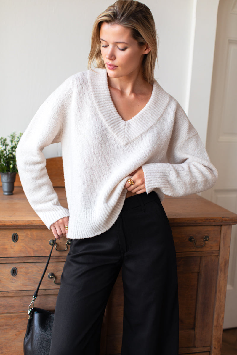 Boxy V Neck Sweater - Birch Wool