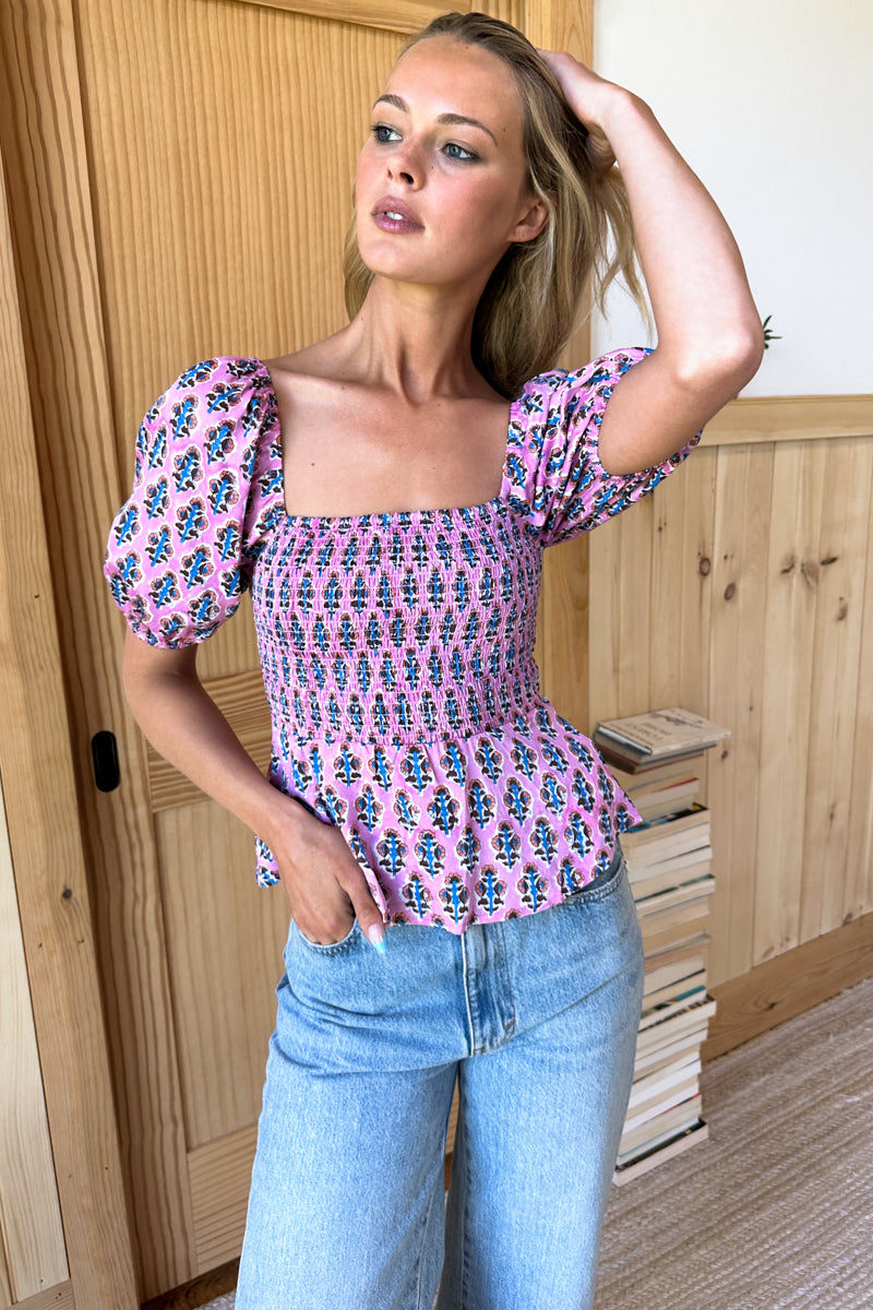 Shirred Blouse - Day Flowers Aurora Pink