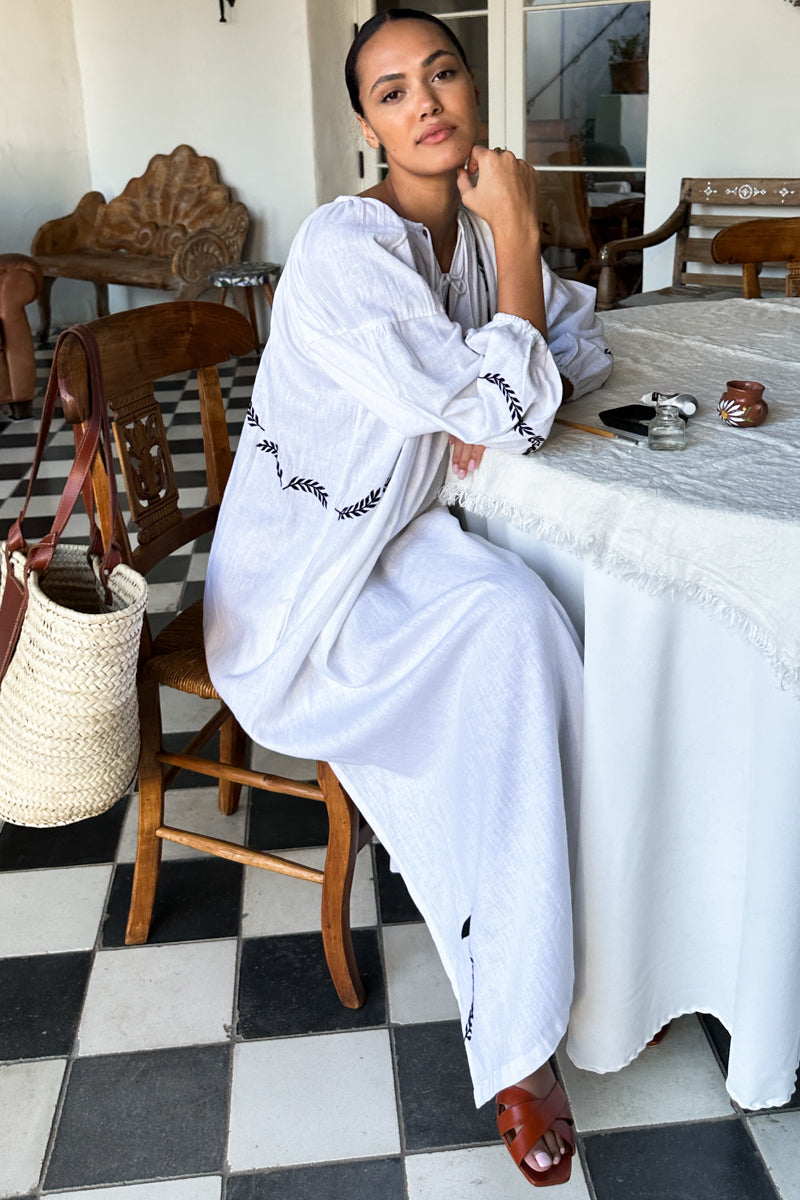 Folk Maxi Dress - White Dove Embroidery Linen