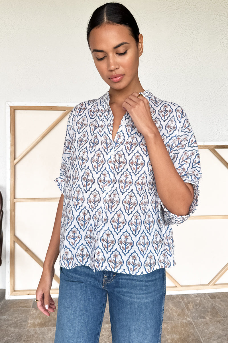 Mandarin Collar Top - Blue Portrait Floral