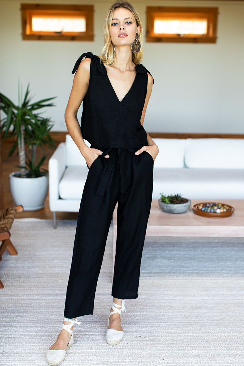 Tie Shoulder Mod Top - Jet Black Linen
