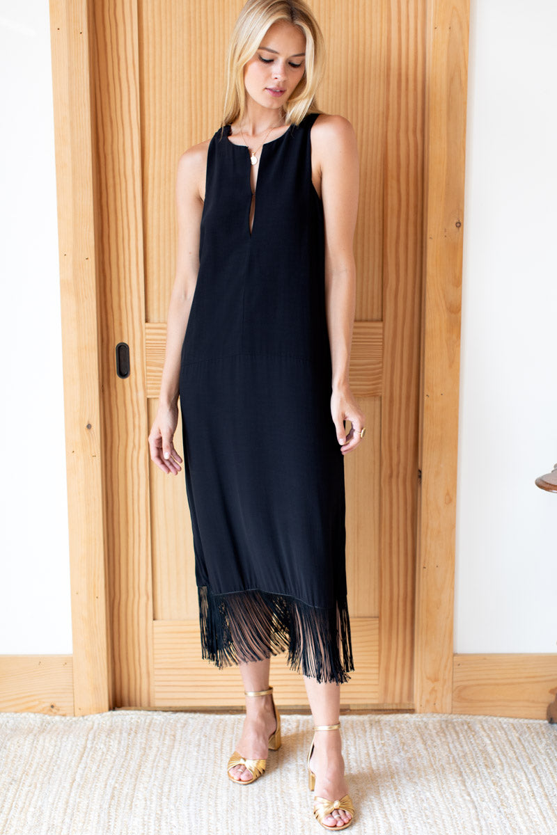 Cut Out Fringe Midi Dress - Black
