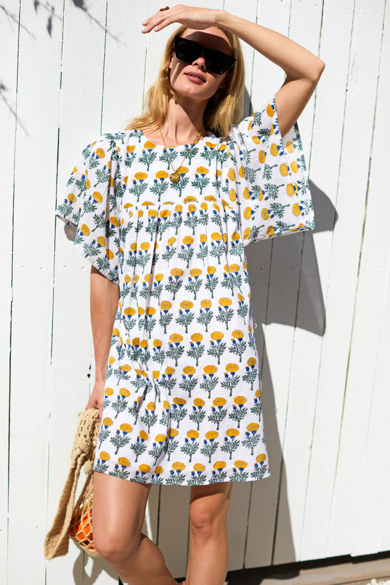 Basalie Dress - Big Marigolds White Organic