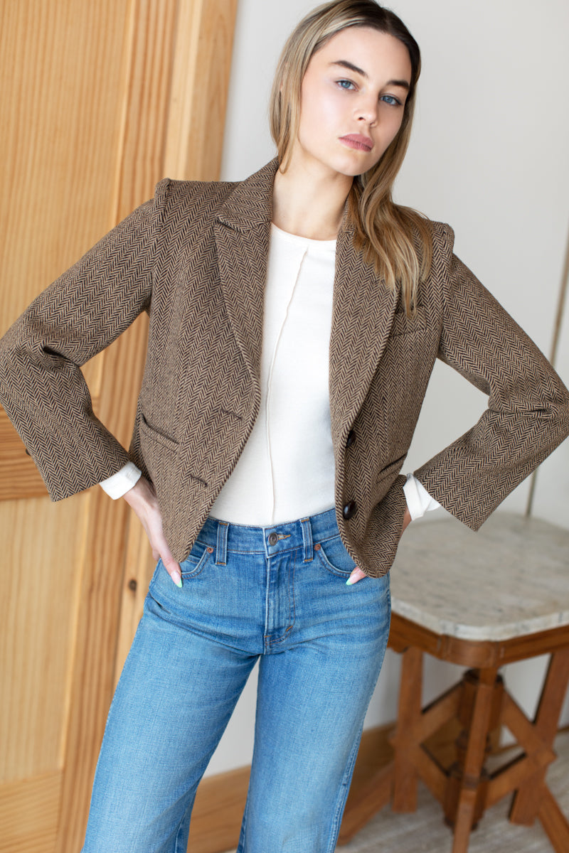 Cropped Blazer - Brown Herringbone