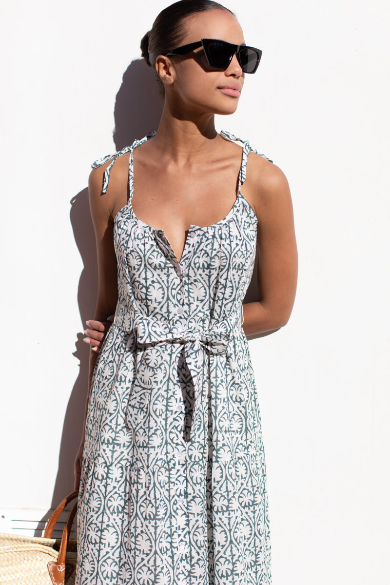 India Button Front Sundress 2 - Etoile Vine Forest Organic