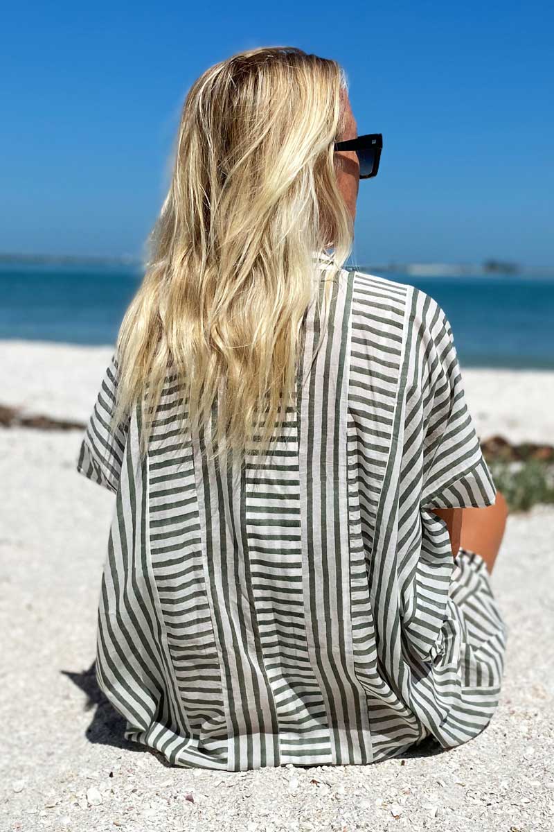 Emerson Short Caftan - Moss Stripe Organic