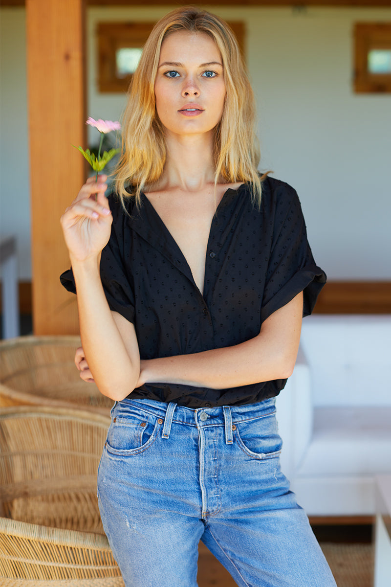 India Button Down 2 - Black Swiss Dot Organic